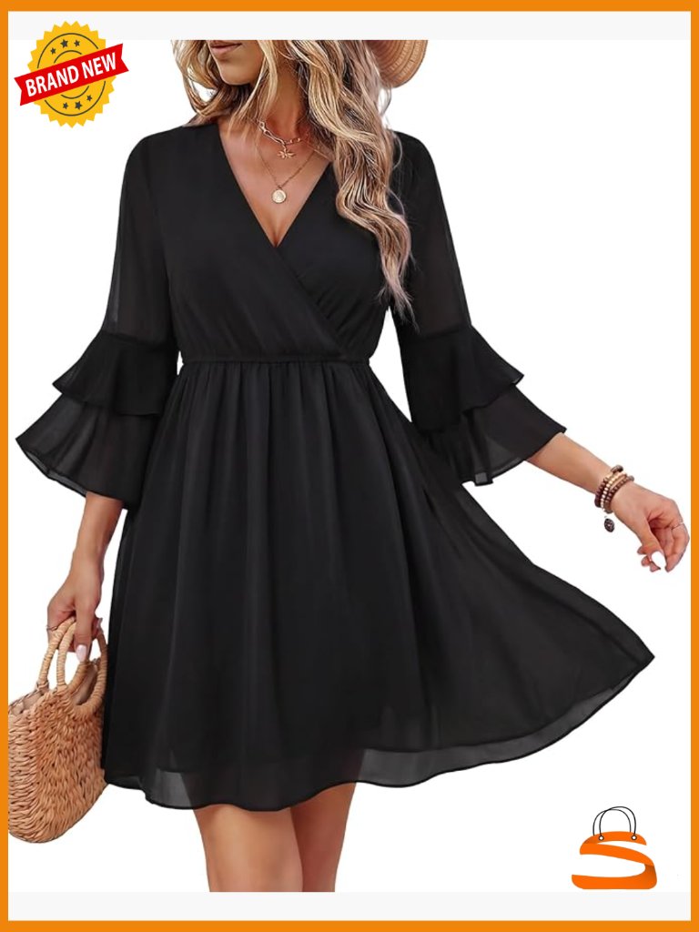3/4 Ruffle Sleeve V Neck Flowy Chiffon Layered Dress